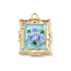 Бледно-бирюзовый Подвески из эмали и сплава, прямоугольник с цветочной подвеской, cmолой, бледные бирюзовая, 25.5x19x5.5 мм, отверстие : 2 мм