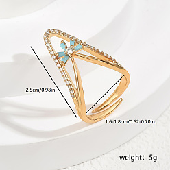 Темно-Голубой Кольца для женщин с микропаве из латуни и кубическими цирконами, v-образный с цветком, глубокое синее небо, 25 мм, внутренний диаметр: 16мм~18мм