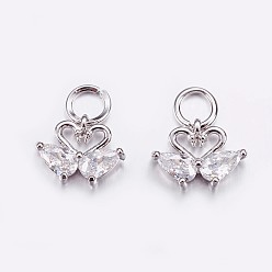Платина Латунные микро проложить кубического циркония прелести, лебедь, платина, 8x10.5x3 мм, отверстие : 3.5 мм