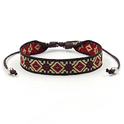 Pale Goldenrod Ethnic Style Polyester Flat with Rhombus Cord Bracelet, Adjustable Bracelet for Women, Pale Goldenrod, 6-1/4~9-1/2 inch(16~24cm)