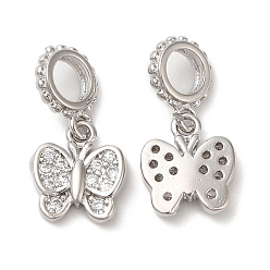 Платина Латунные микропаве прозрачные подвески с фианитом, без свинца и без кадмия, бабочка, платина, 18.5 мм, подвеска: 10.5x9x2.5 мм, отверстие : 4 мм