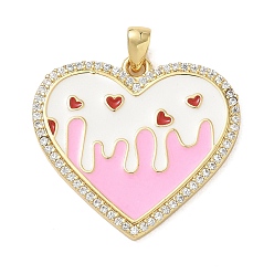 White Brass Micro Pave Clear Cubic Zirconia Pendants, with Enamel, Heart Charms, Real 14K Gold Plated, White, 23x24.5x2.5mm, Hole: 4x2.5mm