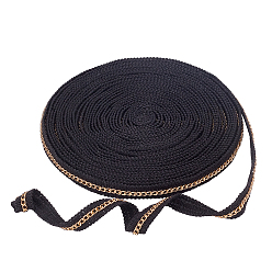 Black Polyamide Yarn Ribbon, with Aluminum Curb Chain, Flat, Black, 1/2"(13mm), 9.5~10yards/card(8.69~9.14m/card)