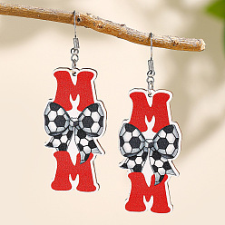 Красный Деревянные серьги-подвески ко Дню матери, Письмо с бантом, платина, красные, 76x27 мм