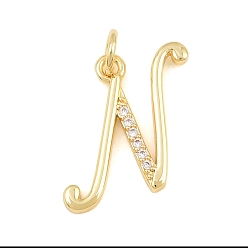 Letter N Brass Micro Pave Clear Cubic Zirconia Pendants, Letter Charms, Cadmium Free & Lead Free, Real 18K Gold Plated, Letter N, 18x15x2mm, Hole: 5mm