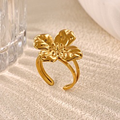 Flower 304 Stainless Steel Cuff Open Rings, Golden, Flower, Inner Diameter: 15~20mm