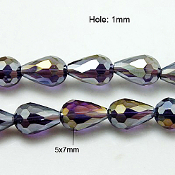 Violet Electroplate Glass Beads Strands, AB Color Plated, Faceted Teardrop, Violet, 7x5mm, about 65~67pcs/strand, 18~18.5 inch(45.5~46.9cm)