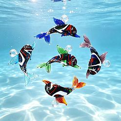 Mixed Color Handmade Lampwork Pendants, Dolphin with Swirl Stripe Charms, Mixed Color, 49~59x62~67x13~17mm, Hole: 5~5.5mm