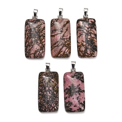 Rhodonite Pendentifs en rhodonite naturelles, charme rectangle, avec 304 mousqueton en acier inoxydable sur les balles, couleur inox, 44~45x19~20x8~9mm, Trou: 7.5x4mm