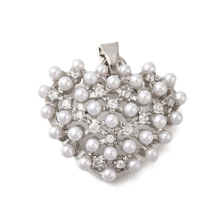 Платина Стойка металлическая латунная микропрофилированная кубическая циркония подвески, с abs имитационными жемчужными бусинами , без свинца и без кадмия, долговечный, сердце, платина, 23x25.5x7.5 мм, отверстие : 6x3.5 мм