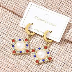 Золотой Ионное покрытие (ip) 304 серьги-кольца из нержавеющей стали в форме ромба, со стразами и пластиковым искусственным жемчугом для женщин, золотые, 44x26 мм