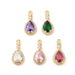 Real 18K Gold Plated Glass Pendants, with Brass Findings, Teardrop, Real 18K Gold Plated, 16x7.5x3.5mm, Hole: 1.2mm