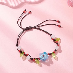 Светло-Голубой Браслеты из плетеных бусин ручной работы из серебряной фольги и стекла в технике лэмпворк с бусинами из натурального белого нефрита для женщин, цветок, с подвесками в виде акриловых листьев, Небесно-голубой, внутренний диаметр: 1-1/2~3-1/8 дюйм (3.95~8.05 см)