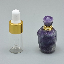 Fluorite Faceted Natural Fluorite Openable Perfume Bottle Pendants, with Brass Findings and Glass Essential Oil Bottles, 40~48x21~25mm, Hole: 1.2mm, Glass Bottle Capacity: 3ml(0.101 fl. oz), Gemstone Capacity: 1ml(0.03 fl. oz)