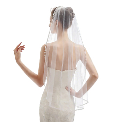Floral Blanca Velos de novia largos de encaje de organza, con perlas de imitación y peine de hierro, blanco floral, 950 mm