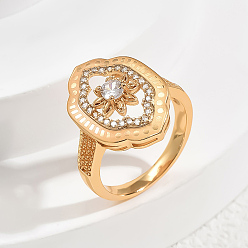 Прозрачный Кольца для женщин с микропаве из латуни и кубическими цирконами, цветок, золотые, прозрачные, 15x22 мм, размер США 9 (18.9 мм)