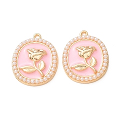 Pink Подвески из эмали и сплава, плоские круглые подвески с цветочным узором, с пластмассовой жемчужиной abs, стойки покрытие, золотые, розовые, 22x18.5x3.5 мм, отверстие : 1.2 мм