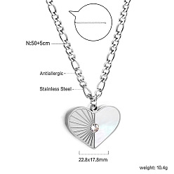 Couleur Acier Inoxydable Colliers pendentifs en forme de cœur en acier inoxydable et coquillage blanc naturel avec strass en cristal pour femmes, couleur inox, 304 pouce (19.69 cm), pendentif: 50 mm