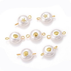 White Eco-Friendly Plastic Imitation Pearl Beads Link Connectors, with Alloy Cabochons and Iron Eye Pins, Mixed Pattern, White, 19x12x7mm, Hole: 2mm