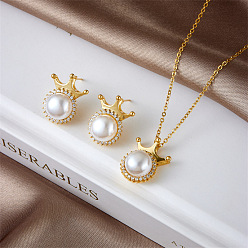 Золотой Комплект из латунных подвесок с короной, микропаве из кубических цирконий и искусственного жемчуга, ожерелья и серег-гвоздиков, с 304 цепи из нержавеющей стали, золотые, 15.75 дюйм (400 мм)