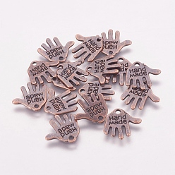 Red Copper Tibetan Style Alloy Charms, Cadmium Free & Lead Free, Hand Palm with Word Hand Made, Red Copper, 12.5x13x1mm, Hole: 1mm