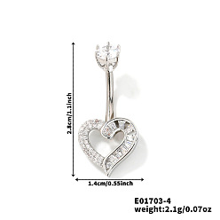 Серебро Сердце латунные стразы кольца для живота изогнутая штанга, серебряные, 28x14 мм