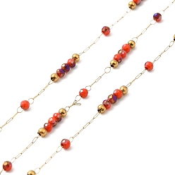 Orange Red Brass Handmade Beaded Chains, with Glass Beads, with Spool, Unwelded, Real 18K Gold Plated, Orange Red, 9~9.5x2x2mm, about 32.81 Feet(10m)/Roll