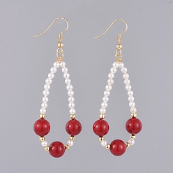 Red Shell Pearl Dangle Earrings, with Golden Plated Brass Earring Hooks, Brass Beads and Cardboard Packing Box, Red, 67mm, Pin: 0.8mm