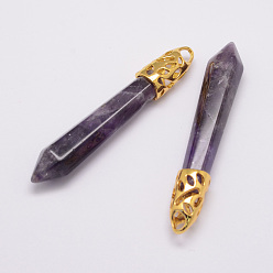 Аметист Натуральный аметист большие остроконечные подвески, со сплавочной фурнитурой, пуля, золотые, 57~63x13x10 мм, отверстие : 3x4 мм