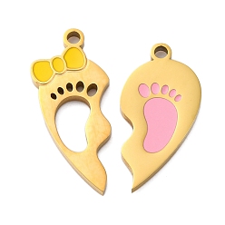 Золотой 304 из нержавеющей стали эмали сплит подвески, слева и справа, прелести для пар, подвеска в виде сердца с отпечатком ноги и бантом, золотые, 21~24x10~11x2 мм, отверстие : 1.6 мм, 2 шт / комплект
