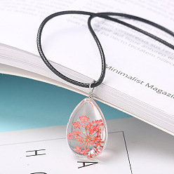 Corail Collier avec pendentif en forme de larme, fleur séchée intérieure en verre transparent, cordon ciré noir, corail, 17.72 pouce (45 cm)