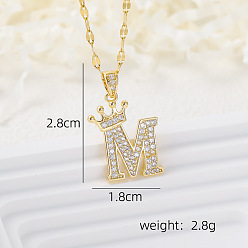Letter M Латунные микропаве прозрачные кубические цирконии корона инициал кулон ожерелья, реальный 18 k позолоченный, Буква М, 15.75 дюйм (40 см)