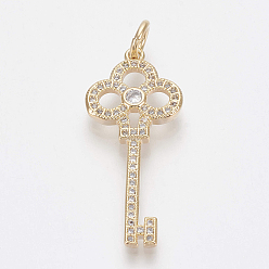 Golden Brass Micro Pave Cubic Zirconia Pendants, with Jump Rings, Key, Clear, Golden, 32x14x2.5mm, Hole: 4mm