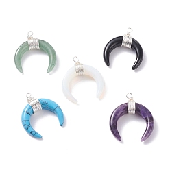 Silver Natural & Synthetic Gemstone Pendants, with Brass Wire Wrapped, Moon, Silver, 36~37x31.5x9.5~10mm, Hole: 2.5mm