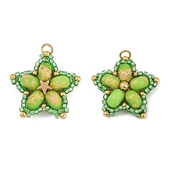 Лайм Подвески из стеклянного бисера ручной работы и синтетических окрашенных бусин императорской яшмы, звезда, с 304 петлей из нержавеющей стали с открытыми кольцами, желто-зеленые, 27x28.5x8.5 мм, отверстие : 3 мм