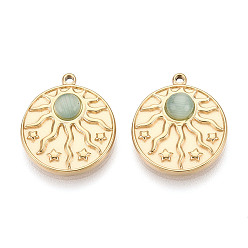 Настоящее золото 14K 304 подвески из нержавеющей стали и кошачьего глаза, плоские круглые с солнцем, реальный 14 k позолоченный, 17x15x3.5~4 мм, отверстие : 1.2 мм