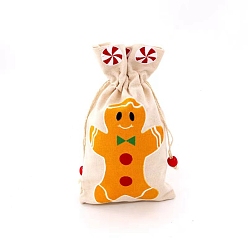 Gingerbread Man Christmas Linen Gift Bags, Drawstring Candy Cookie Cloth Bags, Rectangle, Gingerbread Man, 23x15cm