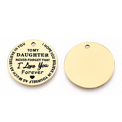 Золотой 201 подвески из нержавеющей стали, плоский круглый со словом «Я люблю тебя навсегда», золотые, 30x1.5 мм, отверстие : 2 мм