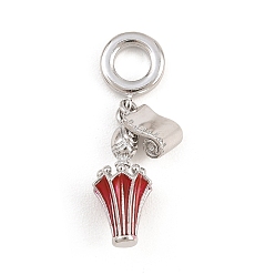 Real Platinum Plated Brass Enamel European Dangle Charms, Large Hole Charms, Umbrella Scroll, Red, Real Platinum Plated, 31mm, Hole: 5mm