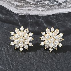 Настоящее золото 18K Серьги-гвоздики в виде снежинки из латуни с прозрачными кубическими циркониями, цветочные серьги для женщин, реальный 18 k позолоченный, 19 мм