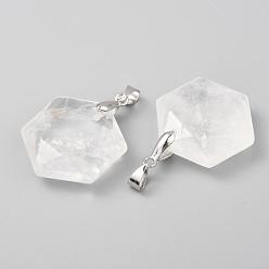 Quartz Crystal Faceted Natural Quartz Crystal Pendants, Rock Crystal Pendants, with Platinum Tone Brass Findings, Hexagon, 28x25x9mm, Hole: 4x5mm