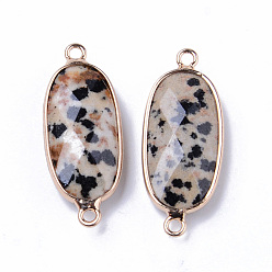 Dalmatian Jasper Natural Dalmatian Jasper Links Connectors, with Light Gold Plated Edge Brass Loops, Oval, Faceted, 27x11x5.5mm, Hole: 2mm
