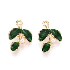 Темно-Зеленый Подвески из эмали и сплава, с ABS имитации жемчуга, очарование листа, золотые, темно-зеленый, 19.5~20x13x4.5 мм, отверстие : 1.6 мм