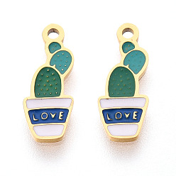 Светлый Морско-зеленый 304 из нержавеющей стали шармы эмали, кактус со словом любовь очарование, ионное покрытие (ip), реальный 14 k позолоченный, светло-зеленый, 13x5x0.9 мм, отверстие : 1 мм
