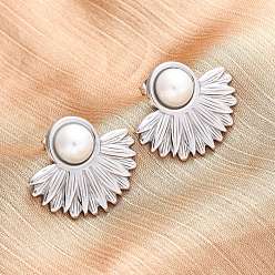 Нержавеющая Сталь Цвет 304 из нержавеющей стали серьги, с пластиковой имитационной жемчужиной, цветок, цвет нержавеющей стали, 21x24.5 мм