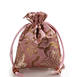Pale Violet Red Rectangle Cloth Flower Printed Drawstring Gift Bags, Storage Bags, Pale Violet Red, 14x11cm