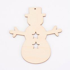 Antique White Undyed Wooden Pendants, Snowman, for Christmas Theme, Antique White, 100x91x3mm, Hole: 2mm
