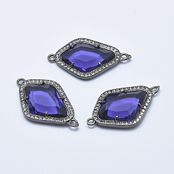 Mauve Brass Micro Pave Cubic Zirconia Links, with Glass, Faceted, Rhombus, Gunmetal, Mauve, 33x20x5mm, Hole: 1.6mm