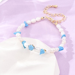 Synthetic Turquoise Synthetic Turquoise Chip and Rice Natural Pearl Beaded Bracelets, Brass Pave Cubic Zirconia Bracelets, Real 18K Gold Plated, Long-Lasting Plated, Rack Plating, Lead Free & Cadmium Free, 6.50 inch(16.5cm)