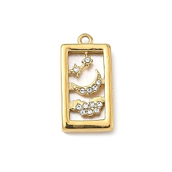 Луна 304 из нержавеющей стали горный хрусталь подвески, прямоугольник амулеты, с оболочкой, реальный 18 k позолоченный, луна, 22x11x3 мм, отверстие : 1.5 мм